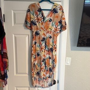 Roxy Tropical Floral V-Neck Midi Dress — Orange, Navy, Cream